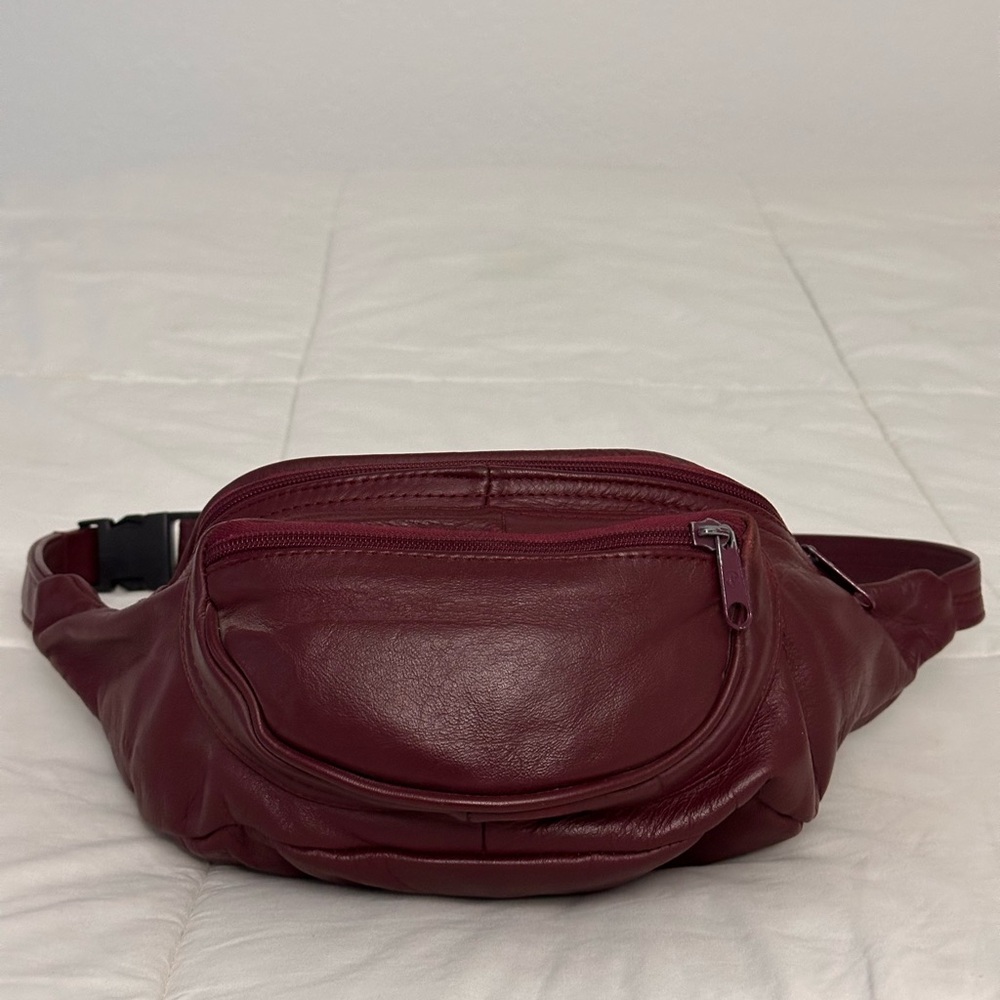 Burgundy Wine Red Genuine Leather RFID Fanny Bag.